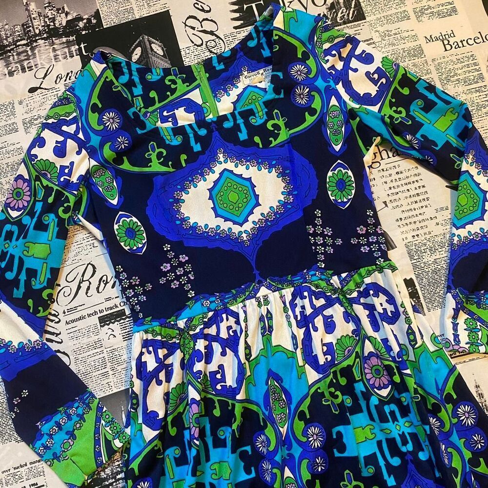 Carroll Reed Ski Shops Blue green psychedelic vintage 70s maxi dress square neck